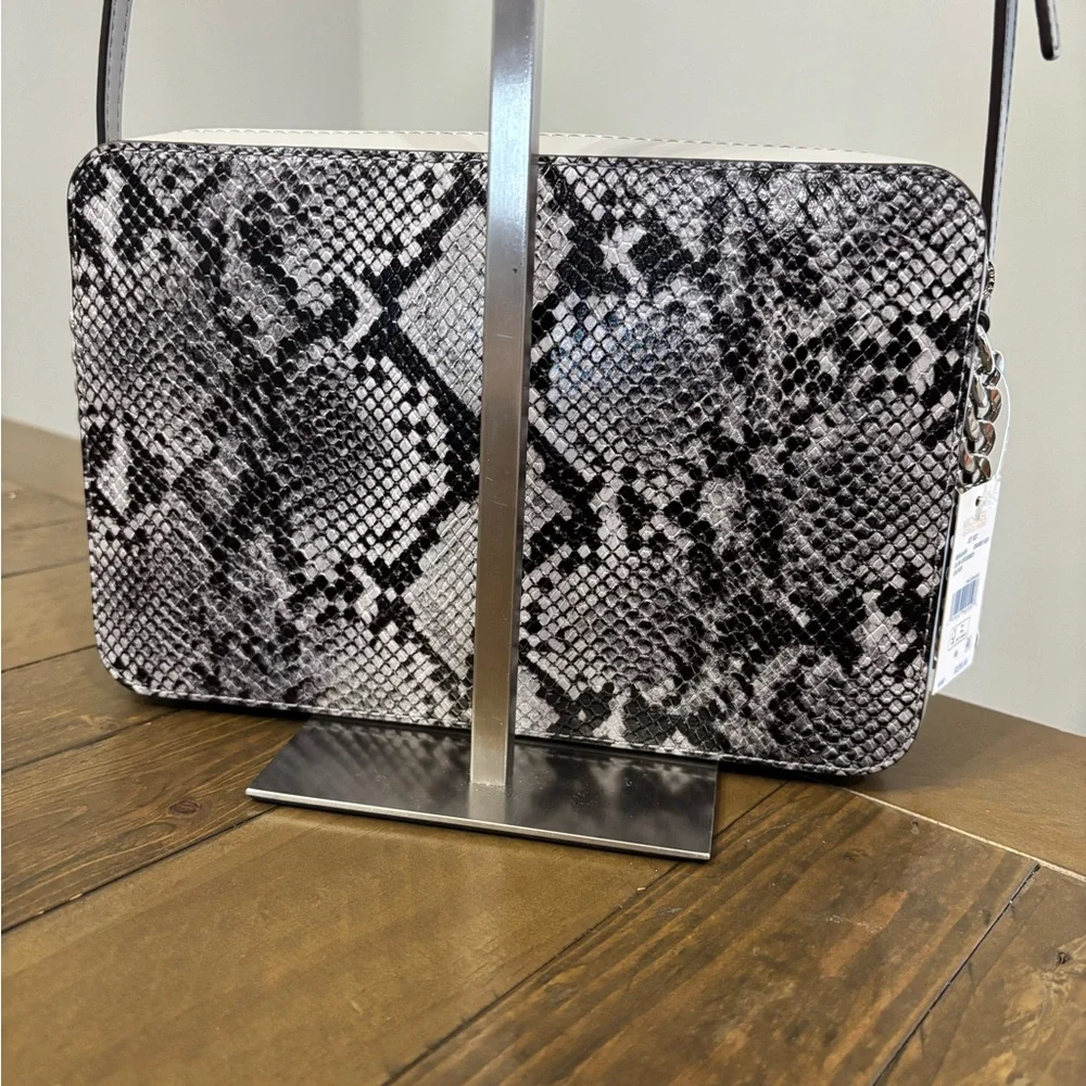 Michael Kors Jet Set Camera Bag in Black and White Snake-Embossed Leather